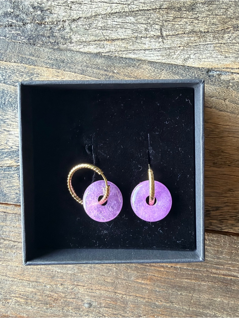 Gold Hoop Earrings with Purple Stone Discs - Women Jewelry